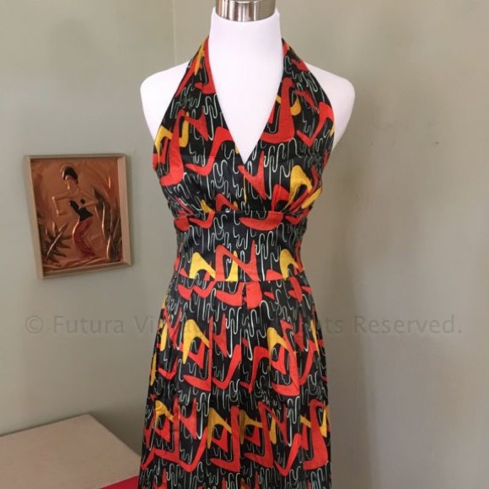 Rockabilly/Pinup Bettie Page Brand Boomerang print halter dress